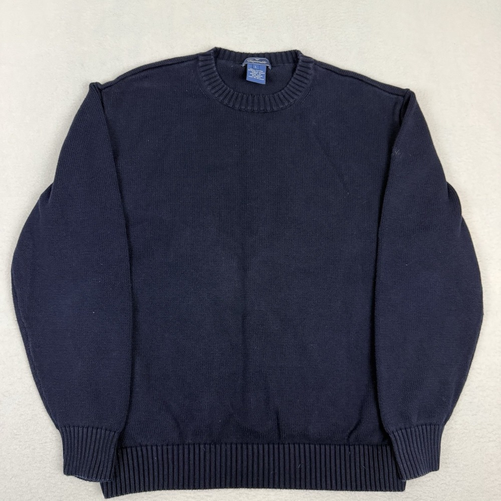 Vintage Faconnable Mens Navy Blue 100% Cotton Crewneck Sweater Size Large Logo